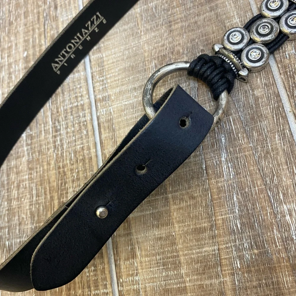 ANTONIAZZI FIRENZE Black Leather Belt Silver Hardware Rhinestones Made in Italy